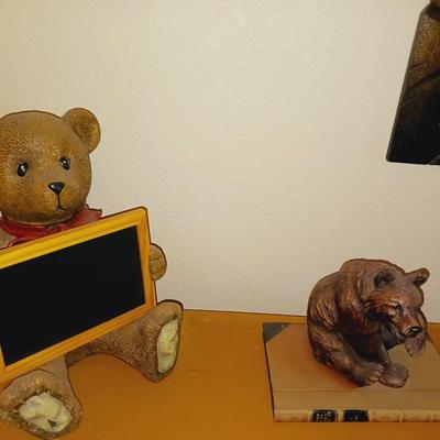 PAINTING ON VELVET AND 2 BEAR FIGURES