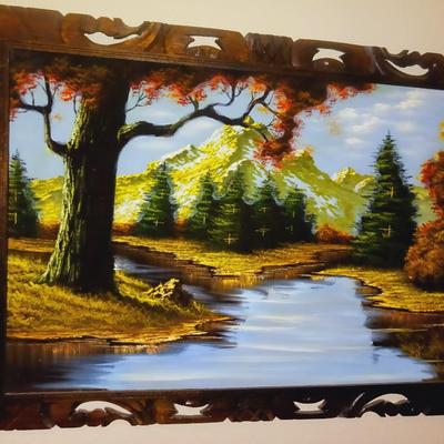 PAINTING ON VELVET AND 2 BEAR FIGURES