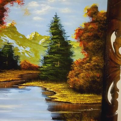 PAINTING ON VELVET AND 2 BEAR FIGURES