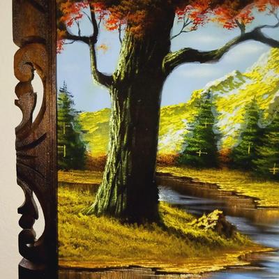 PAINTING ON VELVET AND 2 BEAR FIGURES