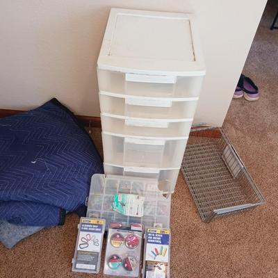 DRAWER ORGANIZER, HARDWARE, SHELF BASKETS AND 2 MOVING BLANKETS