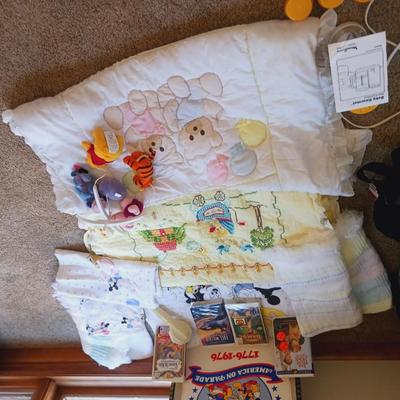 BABY QUILTS/BLANKETS, WINNIE THE POOH MOBILE, DISNEY VHS MOVIES AND MORE