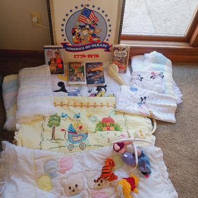 BABY QUILTS/BLANKETS, WINNIE THE POOH MOBILE, DISNEY VHS MOVIES AND MORE