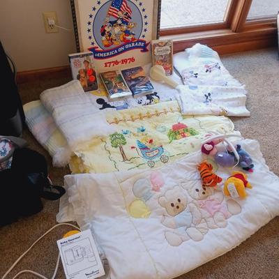 BABY QUILTS/BLANKETS, WINNIE THE POOH MOBILE, DISNEY VHS MOVIES AND MORE