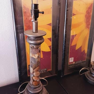 12 X 36 FRAMES AND MATCHING TABLE LAMPS PLUS 2 THROW RUGS