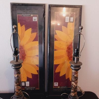 12 X 36 FRAMES AND MATCHING TABLE LAMPS PLUS 2 THROW RUGS