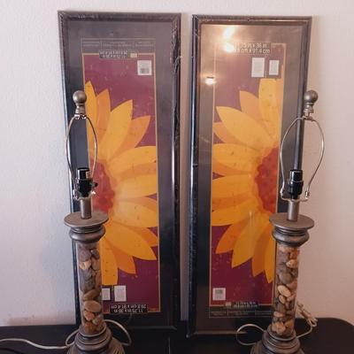 12 X 36 FRAMES AND MATCHING TABLE LAMPS PLUS 2 THROW RUGS