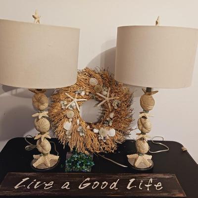 SEASHELL LAMPS AND WREATH PLUS SIGN & 2 THROW RUGS