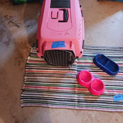 SMALL PET CARRIER, FOOD DISHES AND RAG RUG