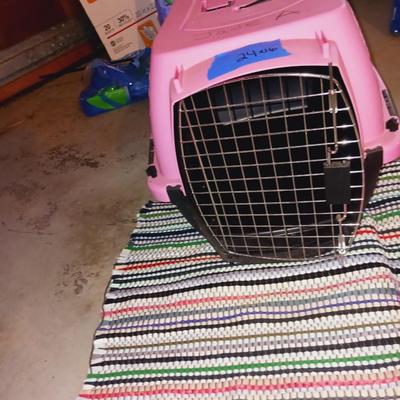 SMALL PET CARRIER, FOOD DISHES AND RAG RUG