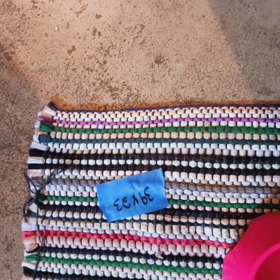 SMALL PET CARRIER, FOOD DISHES AND RAG RUG