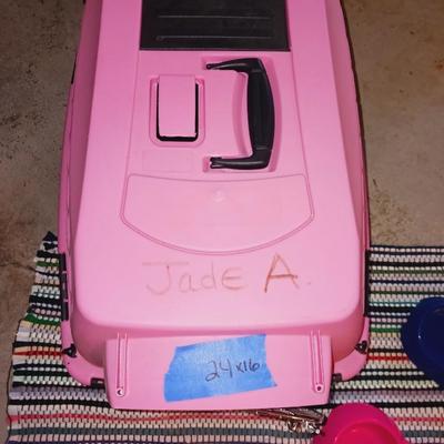 SMALL PET CARRIER, FOOD DISHES AND RAG RUG