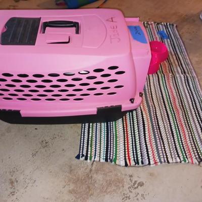 SMALL PET CARRIER, FOOD DISHES AND RAG RUG