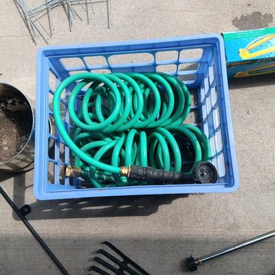 5 GARAGE SALE SIGNS, GARDEN HOSE, RAKE, SNOW SHOVEL AND MORE