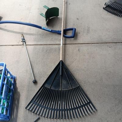 5 GARAGE SALE SIGNS, GARDEN HOSE, RAKE, SNOW SHOVEL AND MORE