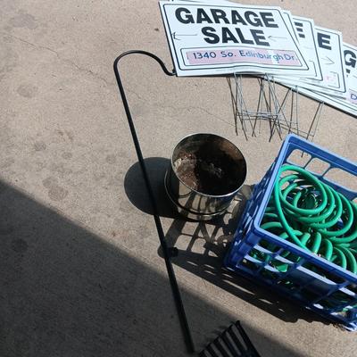 5 GARAGE SALE SIGNS, GARDEN HOSE, RAKE, SNOW SHOVEL AND MORE