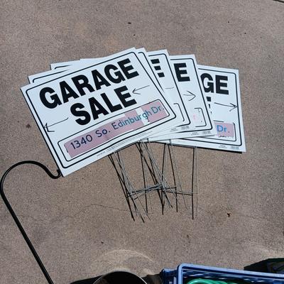 5 GARAGE SALE SIGNS, GARDEN HOSE, RAKE, SNOW SHOVEL AND MORE