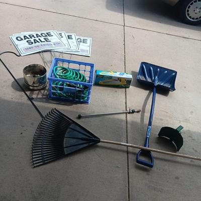 5 GARAGE SALE SIGNS, GARDEN HOSE, RAKE, SNOW SHOVEL AND MORE