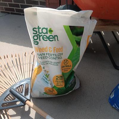 WHEELBARROW, HIS AND HERS LEAF RAKES, TURF BUILDER & SHOVEL