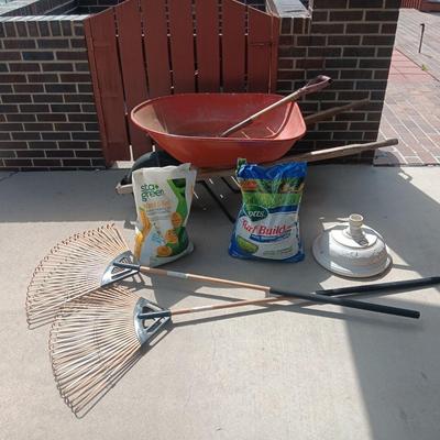 WHEELBARROW, HIS AND HERS LEAF RAKES, TURF BUILDER & SHOVEL