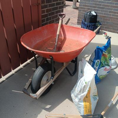 WHEELBARROW, HIS AND HERS LEAF RAKES, TURF BUILDER & SHOVEL