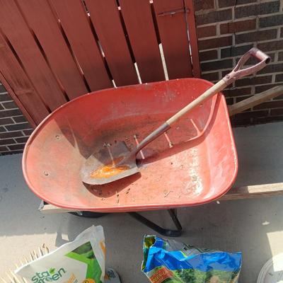 WHEELBARROW, HIS AND HERS LEAF RAKES, TURF BUILDER & SHOVEL