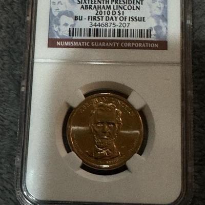 Sixteenth President Abraham Lincoln 2010 D $1 BU FIRST DAY ISSUE United States Gold