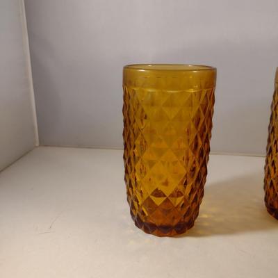 Set of Six Diamond Pattern Amber Drinking Glasses