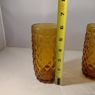 Set of Six Diamond Pattern Amber Drinking Glasses