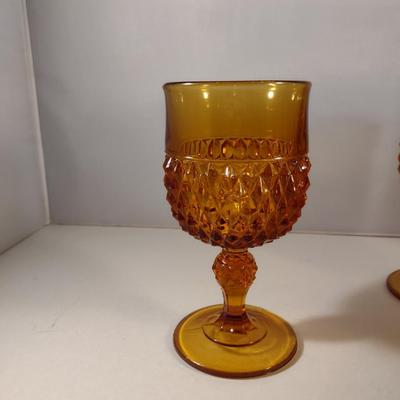 Vintage Indiana Glass Amber Diamond Point Wine/Water Goblets- Eight Pieces