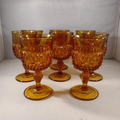 Vintage Indiana Glass Amber Diamond Point Wine/Water Goblets- Eight Pieces