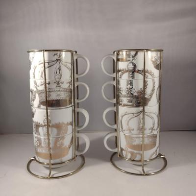 Two Sets of Pier 1 Imports Stacking Coffee Cups with Metal Holders