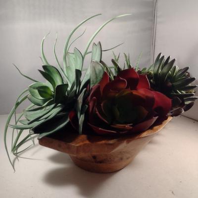 Well Made, Oblong Wooden Bowl with Artificial Flowers
