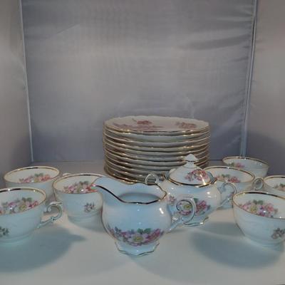 E&R 'Wild Rose' Pattern Luncheon Set- 12 Plates, 7 Cups, Creamer and Covered Sugar Bowl