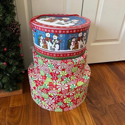 LIGHTED CHRISTMAS TREE AND CHRISTMAS THEMED STORAGE BOXES