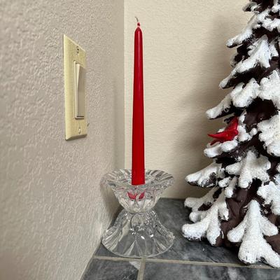 TABLE TOP CANDLE HOLDERS WITH CANDLES, LIGHTED MULTICOLORED BALL ORNAMENT TREE AND TABLE TOP CHRISTMAS TREE WITH CARDINALS
