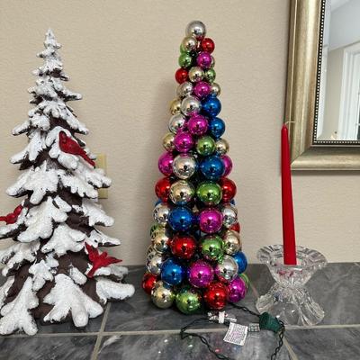 TABLE TOP CANDLE HOLDERS WITH CANDLES, LIGHTED MULTICOLORED BALL ORNAMENT TREE AND TABLE TOP CHRISTMAS TREE WITH CARDINALS