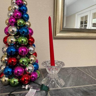 TABLE TOP CANDLE HOLDERS WITH CANDLES, LIGHTED MULTICOLORED BALL ORNAMENT TREE AND TABLE TOP CHRISTMAS TREE WITH CARDINALS