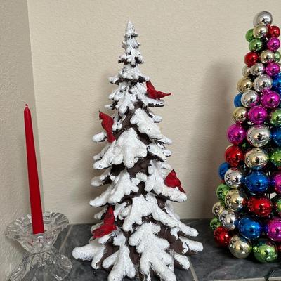 TABLE TOP CANDLE HOLDERS WITH CANDLES, LIGHTED MULTICOLORED BALL ORNAMENT TREE AND TABLE TOP CHRISTMAS TREE WITH CARDINALS