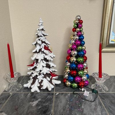 TABLE TOP CANDLE HOLDERS WITH CANDLES, LIGHTED MULTICOLORED BALL ORNAMENT TREE AND TABLE TOP CHRISTMAS TREE WITH CARDINALS
