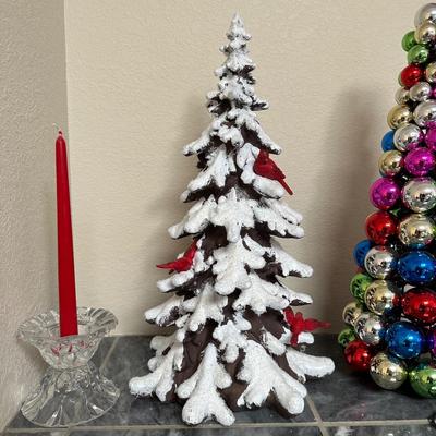 TABLE TOP CANDLE HOLDERS WITH CANDLES, LIGHTED MULTICOLORED BALL ORNAMENT TREE AND TABLE TOP CHRISTMAS TREE WITH CARDINALS