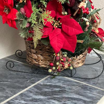 CANDLE HOLDERS AND SANTA IN FLORAL SLEIGH BASKET