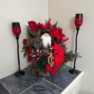 CANDLE HOLDERS AND SANTA IN FLORAL SLEIGH BASKET