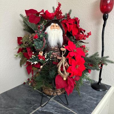 CANDLE HOLDERS AND SANTA IN FLORAL SLEIGH BASKET