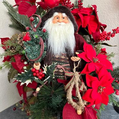 CANDLE HOLDERS AND SANTA IN FLORAL SLEIGH BASKET