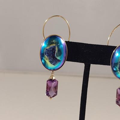 Pair of Loren Artisan Style Earrings- 14K Yellow Gold Wire and Titanium Druzy with Hanging Natural Purple Stone