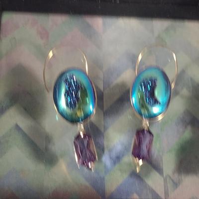 Pair of Loren Artisan Style Earrings- 14K Yellow Gold Wire and Titanium Druzy with Hanging Natural Purple Stone
