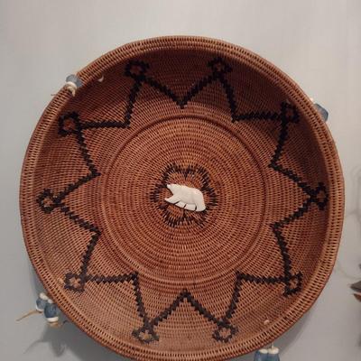 Hand Woven Round Bowl Basket with Carved Bone and Glass Accents- Approx 11 1/2