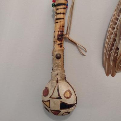 Native American Leather and Wooden Shamanic Rattle and Feather Smudge Fan