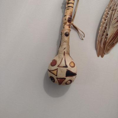 Native American Leather and Wooden Shamanic Rattle and Feather Smudge Fan